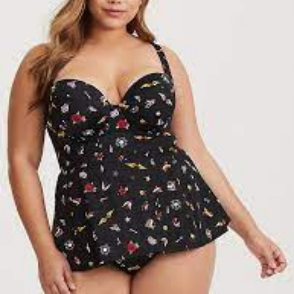 TORRID Black Tattoo One-Piece with Skirt Overlay Swimsuit Size 1 or 1X or 14 16